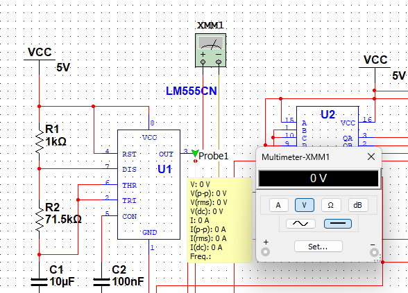 Multisim Digital Multimeter Probe – 555 LOW State